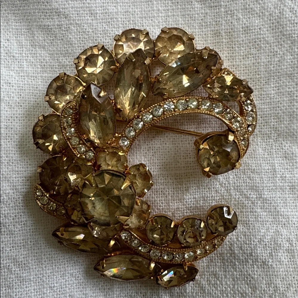 EISENBERG ICE BROOCH CRYSTALS VINTAGE Gold Tone c≈1950s Champagne & Clear STONES